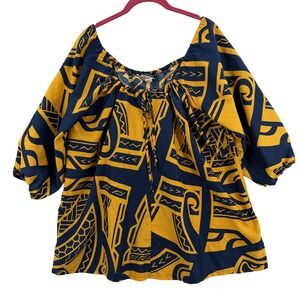 Manuheali'i Shirt Womens XL Yellow Navy Hawaiian Peasant Boho Puff Sleeve Blouse